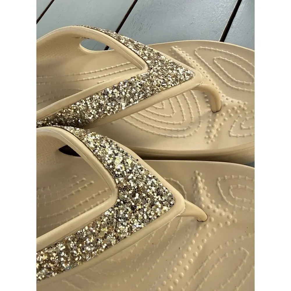 Crocs Sloane Tan Gold Glitter Flip Flop Platform Beach Sandals Wedge Size 9